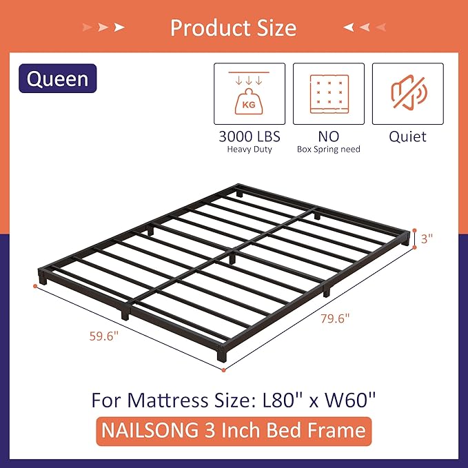 3 Inch Bed Frame Queen Size Low Profile, Queen Bed Frame No Box Spring Needed, Heavy Duty Metal, Easy Assembly, Black