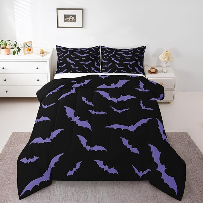 Erosebridal Happy Halloween Comforter Set with 2 Pillow Cases Dark Purple Gothic Bats Quilt King Size for Kids Boys Black Spooky Cartoon Gothic Bedding Set