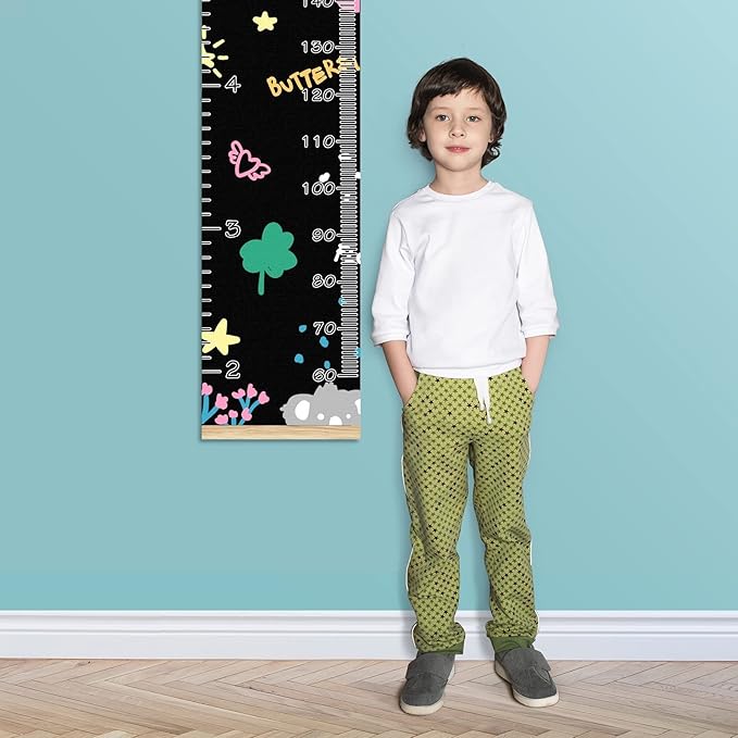 Kids Growth Chart Ruler for Wall Wood Frame Height Measure Chart 13.4x56 in Linen Hanging Height Growth Chart Koala Bear Flowers Rainbow Love Star Kids Room Decor