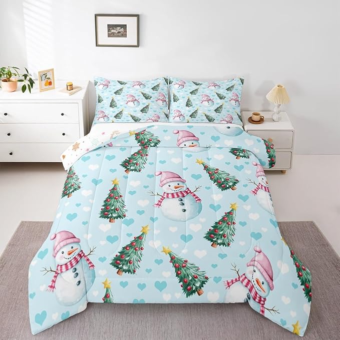 Feelyou Merry Christmas Kids Comforter Set Toddler Size Cute Snowman Bedding Set Christmas Tree Duvet Quilt for Kids Boys Girls Bedroom Love Hearts Decor Microfiber Ultra Soft Breathable