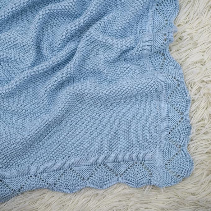 Baby Knit Blanket Soft Breathable Cotton Scallop Border Blankets Newborn Knitted Blanket Swaddle Blankets Gifts for Baby Newborn Toddler Shower Boy Girl New Mom Birthday Christmas Blue 30x30