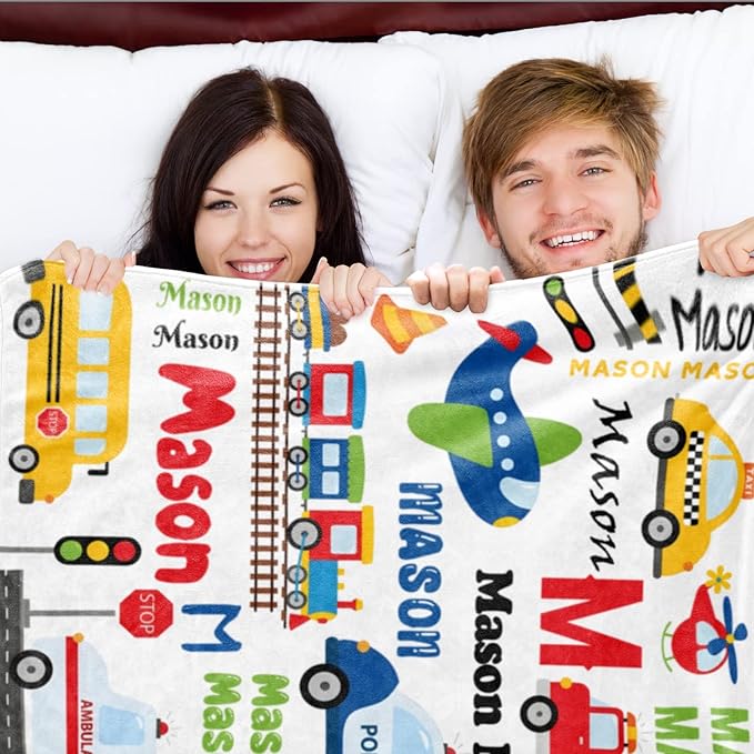 Custom Blanket with Name for Boys, Personalized Name Blanket City Transport, Soft Flannel Blankets Customized Gift for Children Day Birthday Christmas-40 x50