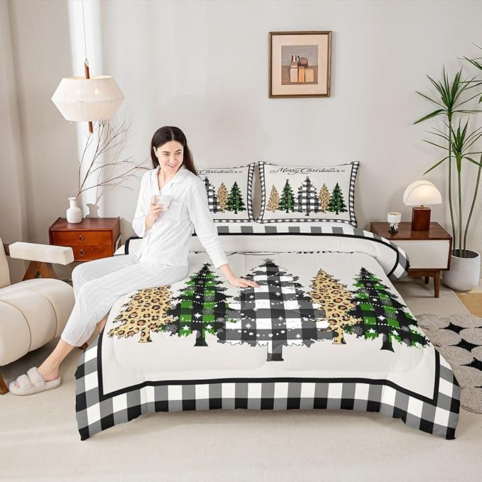 Manfei Merry Christmas Kids Comforter Set Twin Size,Leopard Plaids Pines Trees Bedding,Girls Boys Adults Bedroom/Xmas Cabin Decor,Geometric Grids Retro Down Comforter,Rustic Duvet Insert,1 Pillowcase