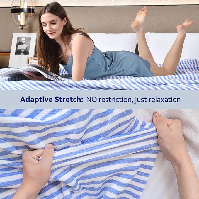 KAWAHOME 3D Air Mesh Cooling Lightweight Summer Blanket King Size for Hot Sleepers, Double-Layer Rayon Material and Breathable Stretchy Blankets for Bed, Couch, 108x90 inches, Blue Striped