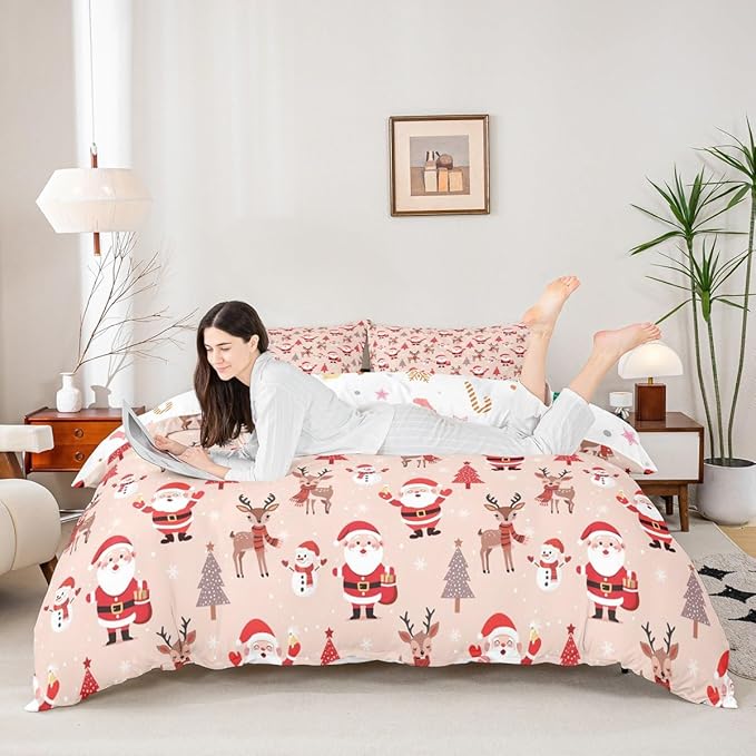 Christmas Kids Bedding Set Santa Claus Bedding Duvet Cover Set for Boys Girls Christmas Tree Deer Decor Comforter Cover Set Snowflake Xmas Theme Bedspread Cover Bedroom Quilt Cover 3Pcs Queen Size
