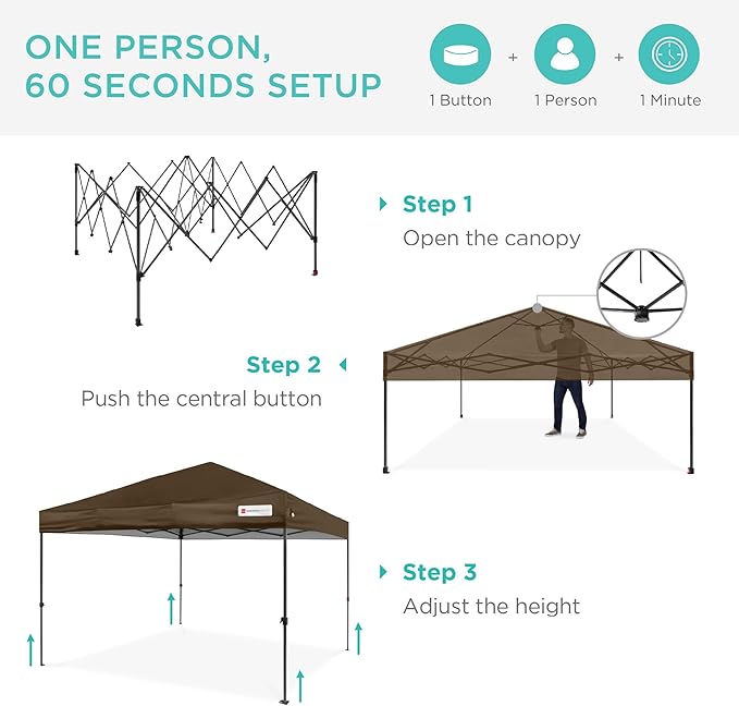Best Choice Products 12x12ft 1-Person Setup Pop Up Canopy Tent Instant Portable Shelter w/ 1-Button Push, Case, 4 Weight Bags - Brown