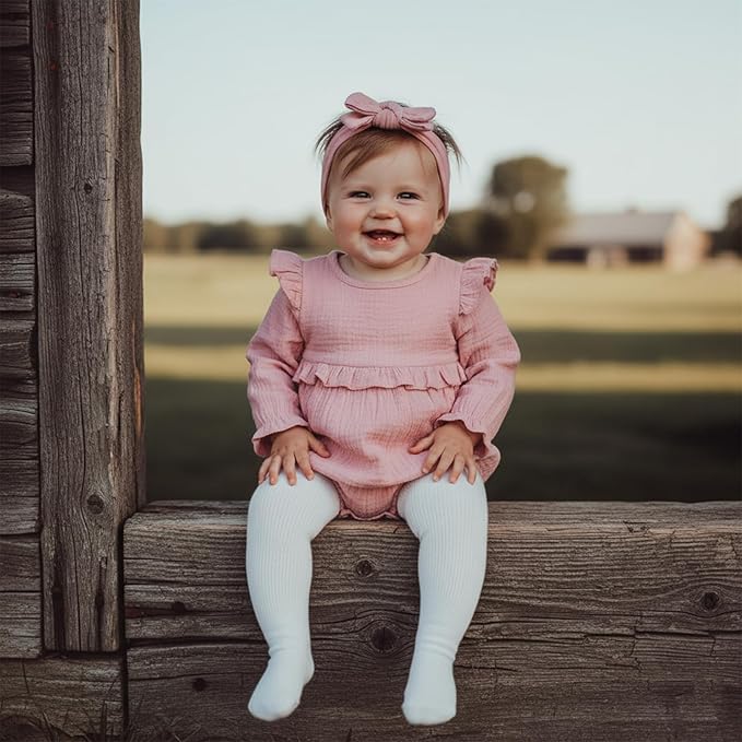 Newborn Infant Baby Girl Clothes Cotton Linen Long Sleeve Smocked Bubble Romper Ruffle Bodysuit Jumpsuit Fall Outfit