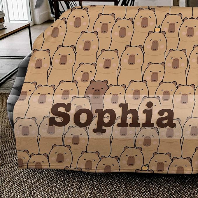 Personalized Name Blanket for Girls Boys, Ship Next Day, Cute Capybara Blankets for Baby Kids Teens, Custom Blanket with Name for Birthday, Capybara Throws for Couch Sofa Bedroom Camping Travel