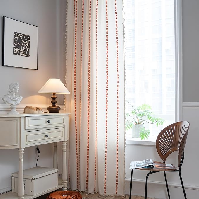 Deeprove Rust Orange Boho Curtains 84 inches Length for Living Room Bedroom Nursery, Burnt Bohemian Embroidery Farmhouse Tassel Privacy Window Treatments for Halloween Decor W52 x L84, 1 Panel
