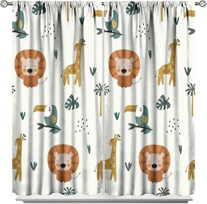 Cute Lion Window Curtains for Kids Bedroom,Cartoon Woodland Jungle Forest Wildlife Little Lion Giraffe Owl Palm Tree Printed Pattern Blackout Drapes for Living Room Baby Nursery Room 42x54 Inch