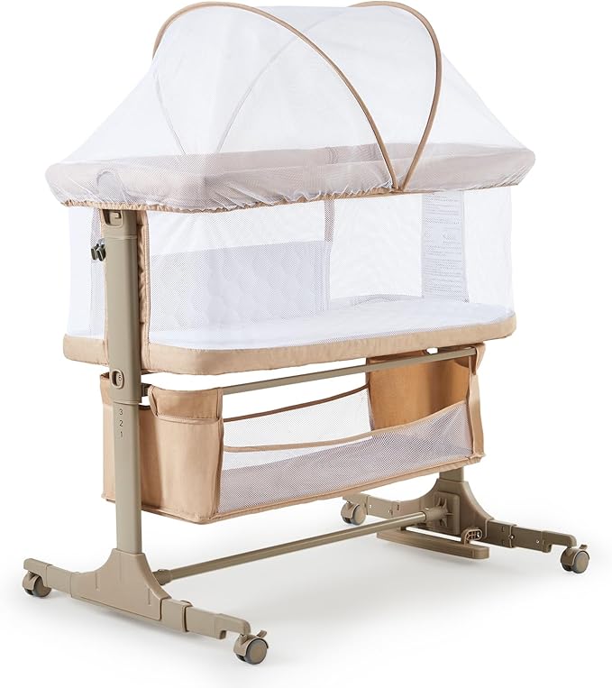 Bedside Bassinet Baby Bassinet, 3 in 1 Bedside Sleeper with Baby Co-Sleeper Travel Crib with Detachable Mosquito Net & Storage Basket | Adjustable Height, Wheels Included