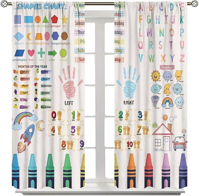 Kids Educational Alphabet Curtain,Boho Watercolor Alphabet Pastel Numbers Shapes Colors for Girls Child Nursery Home Kids Printed Rod Pocket Blackout Window Drapes for Bedroom Living Room 42"W X 63"L