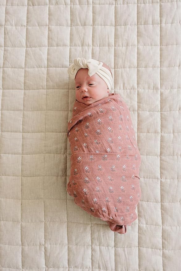 Mebie Baby Vintage Pink Floral Muslin Swaddle, Modern and Neutral Blanket for Baby Girl or Boy, 0-3 Month, Comfy Wrap