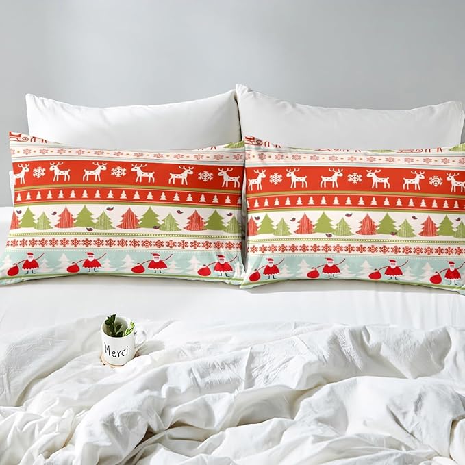 Manfei Xmas Duvet Cover Set Twin Size, Deer Snowflake Trees Santa Claus Comforter Cover with 1 Pillowcase, Christmas Theme Bedding Set 2pcs for Kids Boy Girls New Year Bedspread Cover,No Comforter