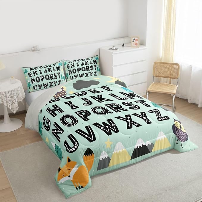 Feelyou Alphabet Kids ABC Learning Comforter Set All Season Cute Fox Bedding Set with 1 Pillow Cases Educational Nursery Art Microfiber Kids Twin Bedclothes Woodland Animals Bedroom Decor Duvet Quilt