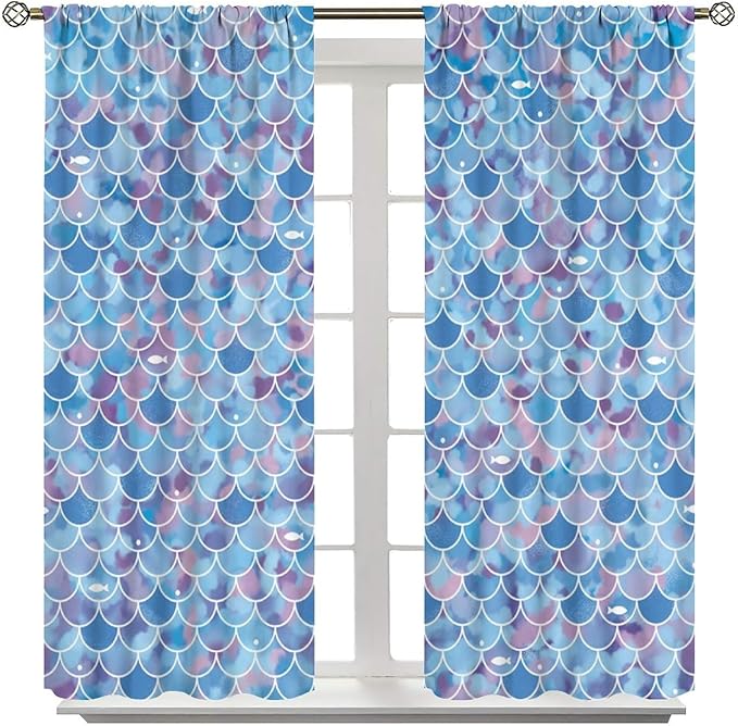 Mermaid Blackout Curtains, Kids Cartoon Blue and Pink Ocean Mermaid Scale Pattern Decoration for Girls Bedroom Nursery Curtains 42x54 Inch