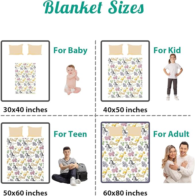 Custom Safari Animals Blanket Gift, Personalized Baby Blanket with Name, Soft Plush Flannel/Sherpa Fleece Throw Blankets for Toddler Kid Teen Boys Girls Color02