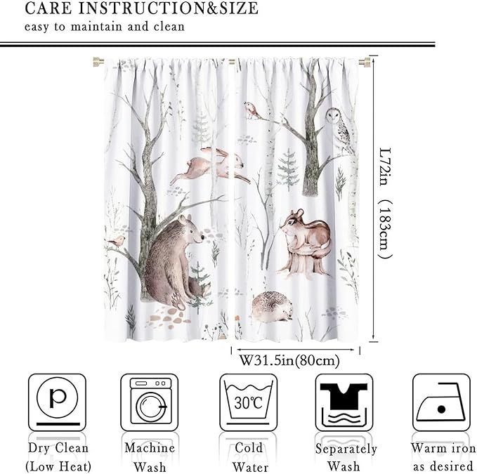 Watercolor Woodland Animal Curtains, Wildlife Bear Farmhouse Lodge Cabin Squirrel Owl Hedgehog Fox Blackout Rod Pocket Windows Door Curtain for Bedroom Living Room Home Decor 63x72in