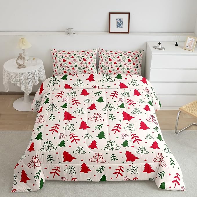 Castle Fairy Christmas Trees Comforter Set Twin Size,Red Green Pine Plant Hand Sketch Bedding Set for Kids Boys Men,Winter Xmas Natural Botanical Quilted Duvet Set with 1 Pillowcase