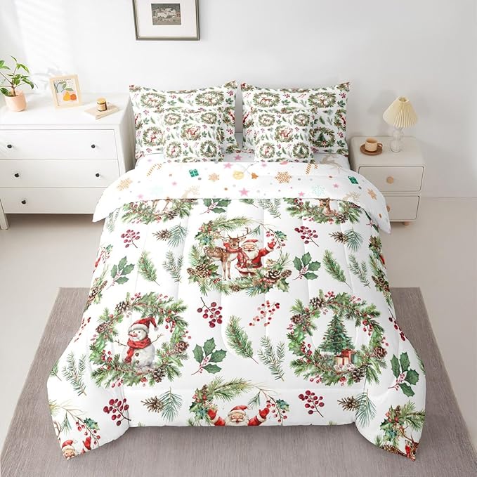Erosebridal Kids Xmas Santa Claus Bedding Set King Xmas Elk Deer Comforter Set 7 Piece Woodland Pine Berry Bed in A Bag for Adults Green Christmas Decoration Quilt with Flat Fitted Sheet