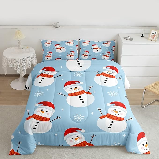 Feelyou Merry Christmas Bedding Set Soft for Boys Girls, Snowman Comforter Set Twin Size Snowflake Duvet Quilt Microfiber Bedroom Decor 2 Pcs with 1 Pillow Cases