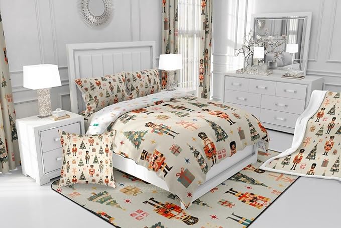 jejeloiu Xmas Nutcracker Comforter Set Queen Size Christmas Beige Bedding Set for Kids Boys Girls Cute Snowflakes Duvet Quilt Bedroom Decor