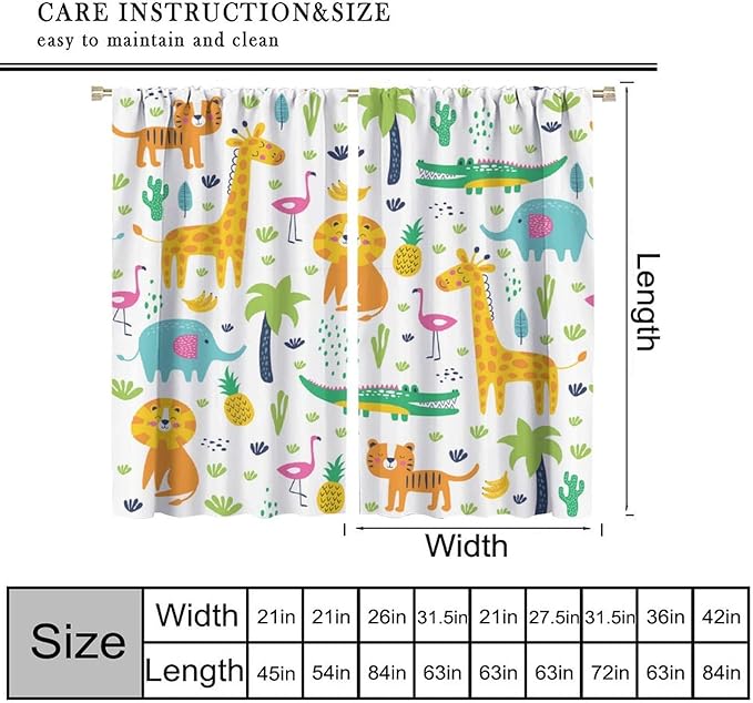 Kids Animals Blackout Curtains Cartoon Cute Abstract Fun Tropical Animals Art Printed for Children Girls Boys Bedroom Nursery Rod Pocket Decoration Window Drapes 2 Panels W21xL63in