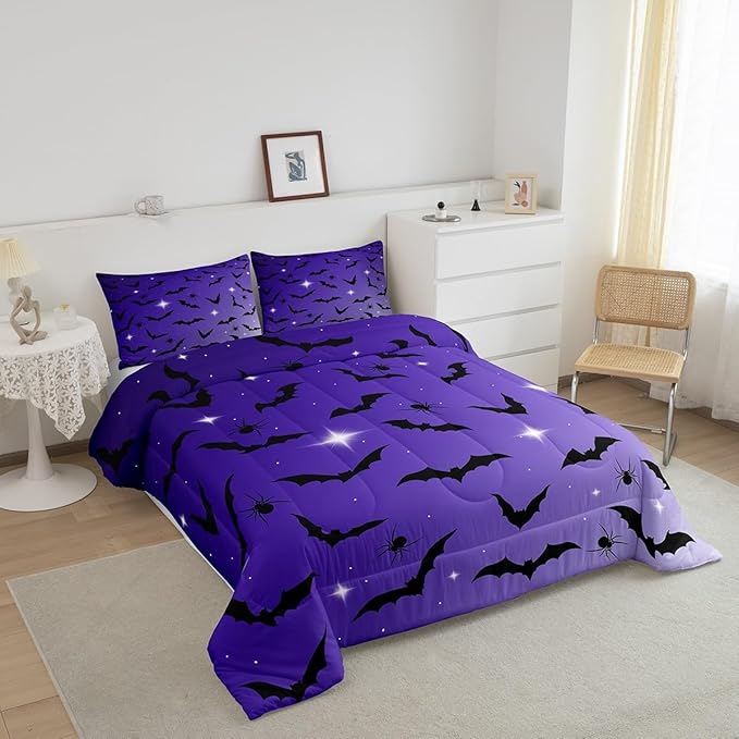 Erosebridal Bat Comforter Set Full Size for Kids Galaxy Glitter Bedding Set with 2 Pillow Cases Happy Halloween Quilt Gothic Spooky Down Comforter Purple and Black