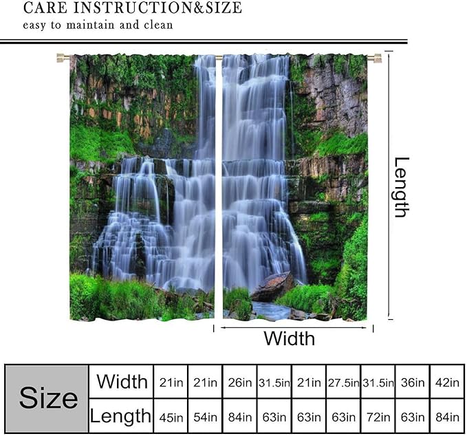 Nature Scenery Waterfall Blackout Curtains, Forest Waterfall Landscape Green Jungle Stone Falls Print Pattern Rod Pocket Window Drapes, for Bedroom Living Room 84" W X 84" L