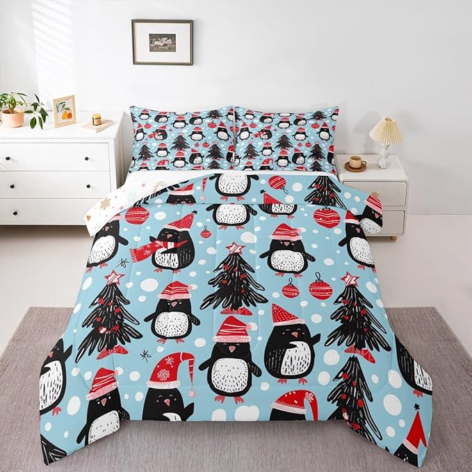 Feelyou Christmas Comforter Set All Season Penguin Bedding Set with 2 Pillow Cases Xmas Tree Microfiber Kids Full Bedclothes Christmas Balls Bedroom Decor Duvet Quilt Breathable Soft Lightweight