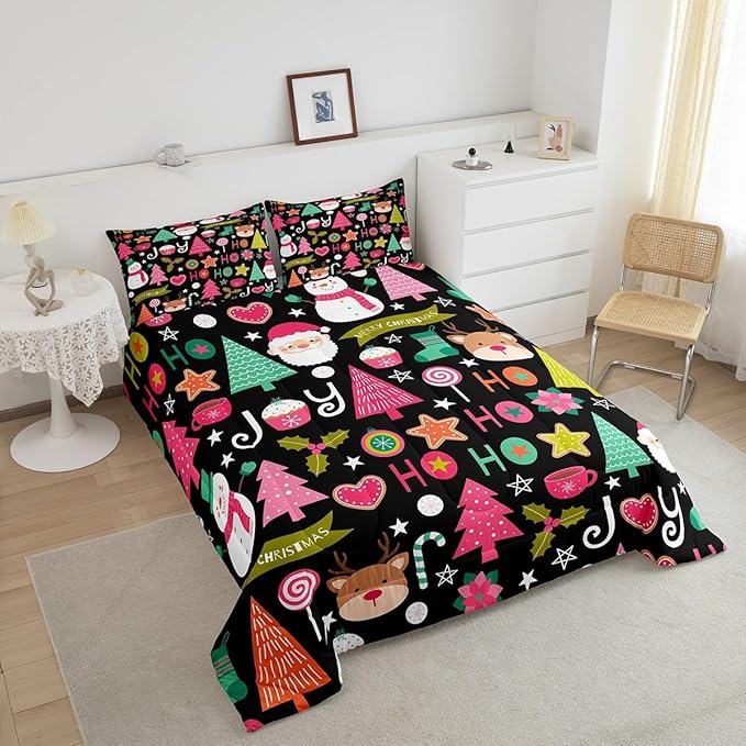 Merry Christmas Kids Comforter Set King Size,Cartoon Santa Claus Snowman Xmas Bedding Set,Boys Girls Adults Room Decor,Christmas Trees Deer Cute Down Comforter,Colorful Duvet Insert,2 Pillowcases