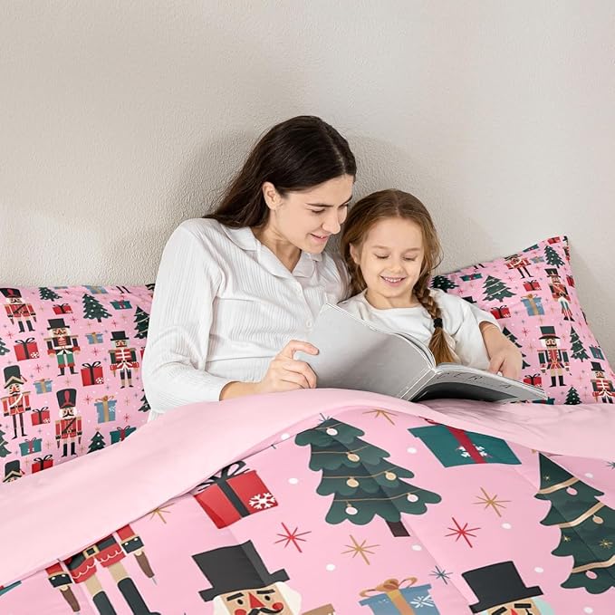 Feelyou Nutcracker Comforter Set All Season Merry Christmas Tree Bedding Set with 2 Pillow Cases Snowflake Kids Queen Bedclothes Soldier Print Decor Duvet Quilt Soft Lightweight