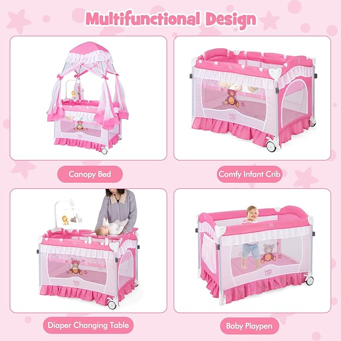 BABY JOY 4 in 1 Pack and Play with Canopy, Portable Baby Playard with Bassinet, Double-Layer Baby Crib, Wheels & Brake, Foldable Baby Girl Pink Princess Bassinet from Newborn to Toddler
