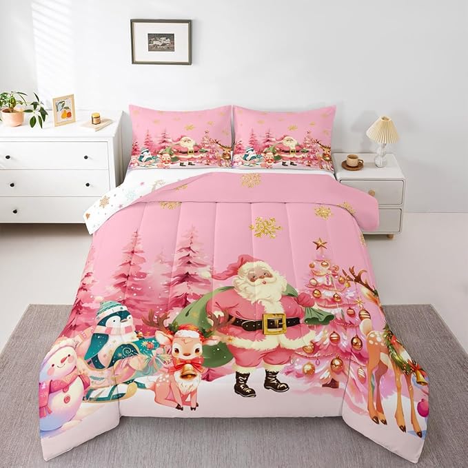 jejeloiu Merry Christmas Comforter Set Full Size Santa Claus Bedding Set for Kids Boys Girls Cute Deer Duvet Quilt Pink Bedroom Decor
