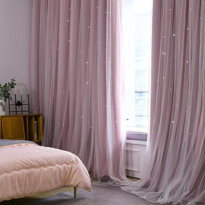 Kinryb Princess Curtains for Girls Bedroom with Sheer Overlay,Double Layer Curtain for Living Room with Star Cutout, Curtains for Kids Room (52 W*72 L Inches,2 Pcs Pink)