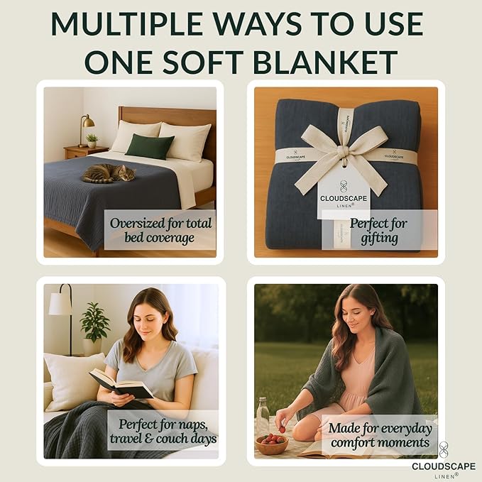 Cloud Scape Linen Extra Large 4 Layer Muslin Throw Blanket - 100% Cotton Gauze, Lightweight & Breathable All Season, Pre-Washed, for Couch & Bed, 50x70, Dark Grey