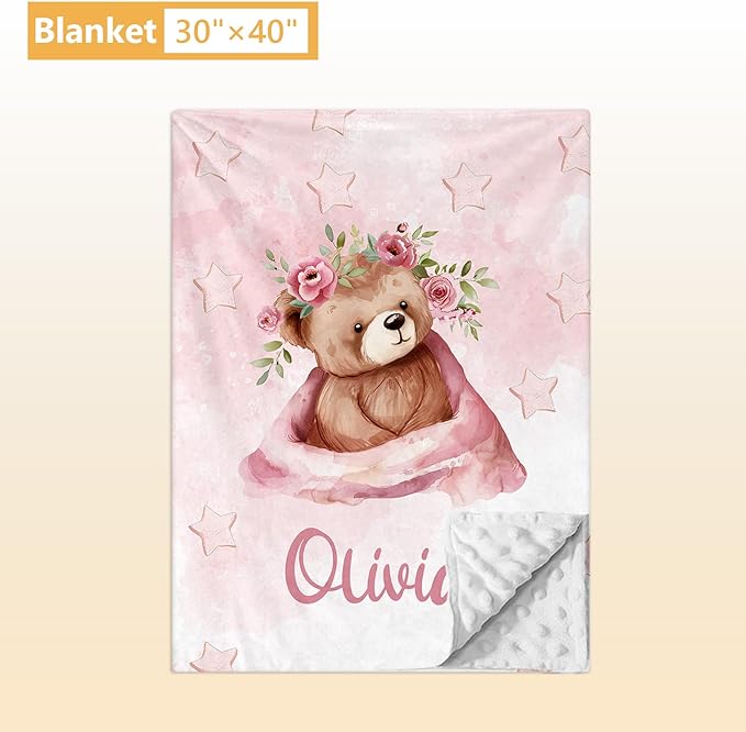 Custom Baby Crib Bedding Set, 5 Pcs Personalized Name Baby Crib Sets for Infant Toddler, Pink Bear Nursery Bedding Set for Girls Boys, Double Layer Flannel Baby Bedding Sets Customized Gifts