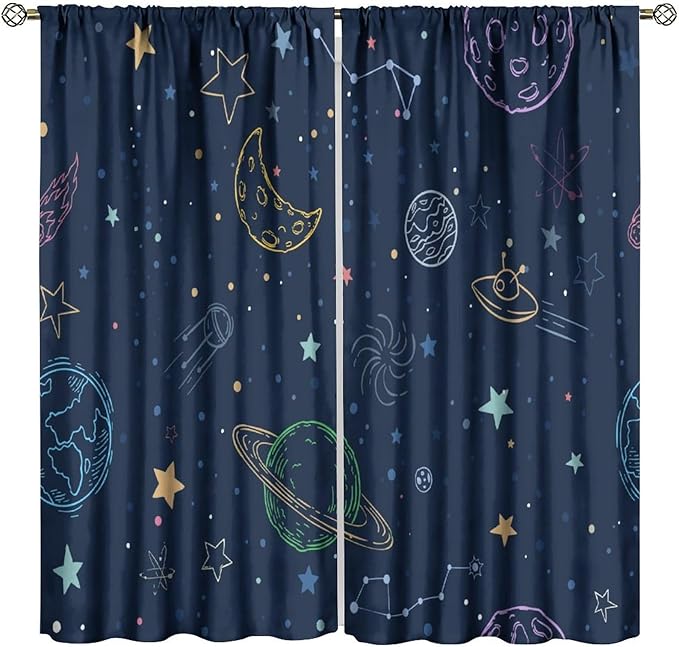 Navy Blue Space Curtains, Cartoon Outer Space Stars Planets Theme Galaxy Curtains for Kids Teens Bedroom Nursery Toddlers Room 42" W X 45" L