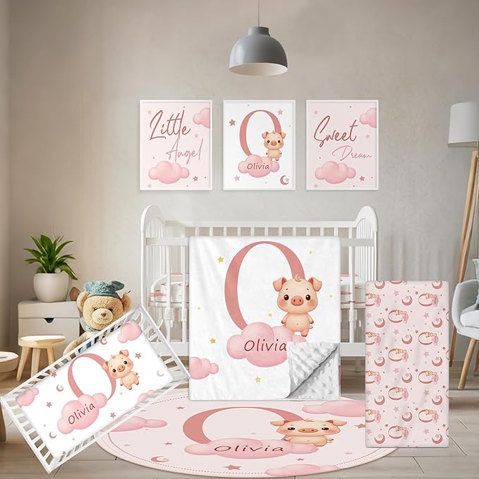 Custom Baby Bedding Set, 5 Pcs Personalized Baby Crib Sets with Name, Toddler Bedding Set for Baby Girls Boys, Pink Pig Double Layer Nursery Bedding Set, Customized Gift for Infant New Parents