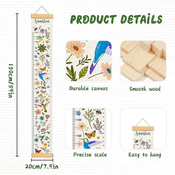 Personalized Name Height Chart for Kids, Kids Growth Chart for Wall, 59" X 7.9" Canvas Removable Height Chart Measuring Ruler for Kids & Baby(Painted Birds and Flowers）