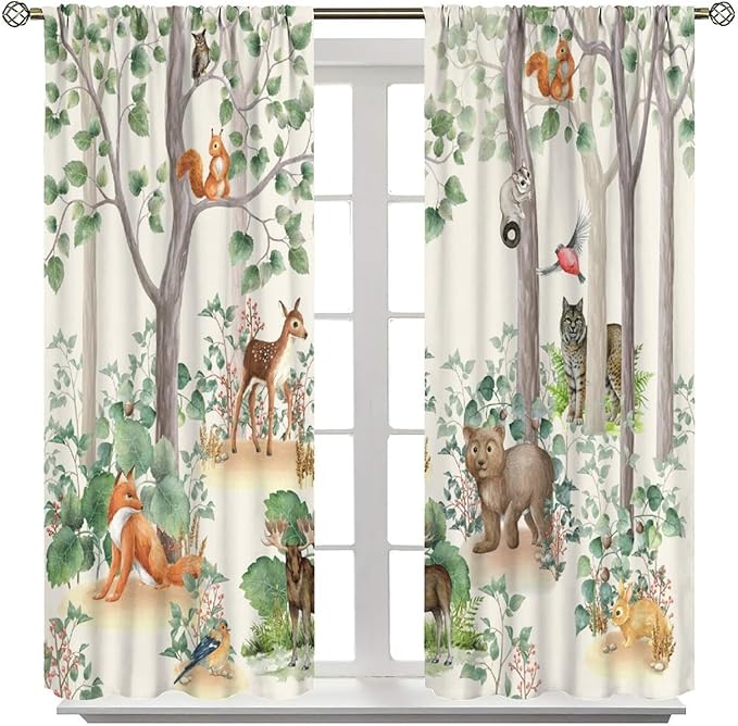 Woodland Animal Curtains, Cartoon Wild Rustic Forest Animals Pattern Blackout Window Treatments, Rod Pocket Thermal Insulated Drapes 2 Panel Sets for Kids Bedroom Nursery Classroom, 84" W X 84" L
