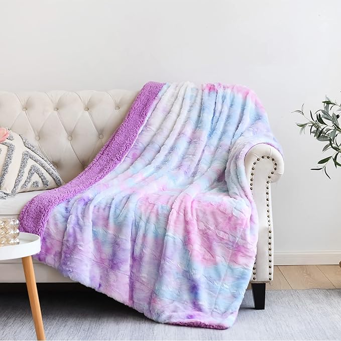 NEWCOSPLAY Super Soft Faux Fur Throw Blanket for Couch Multi Purple Sherpa Fuzzy Plush Warm Blanket for Sofa Bed (Multi Purple, Throw(40"x50"))