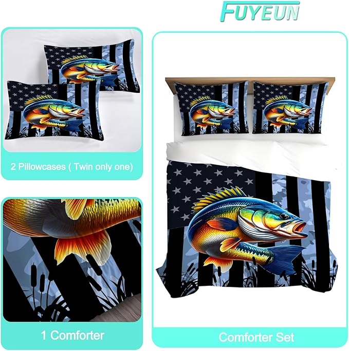Camouflage Fisherman Comforter Set Twin Size Bedding Set for Men Boys Teens Grey Fishing Lover Bedroom Farmhouse American Flag Bed Set Wild Quilted,1 Comforter 1 Pillowcase