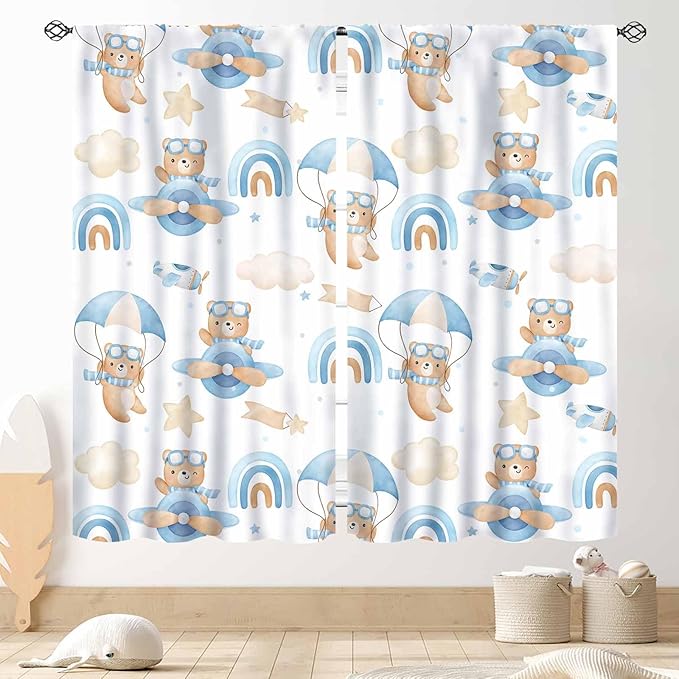 Cartoon Bear Curtains, Kids Boys Girls Cute Lovely Bear Adventure Airplane Cloud Pastel Blue Window Drapery Treatments for Baby Living Room Bedroom Nursey Toddler Classroom 2 Panels, 84"x63" Inch
