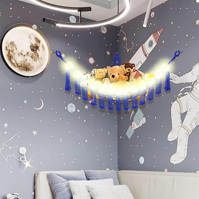 Stuffed Animal Hammock with LED Light, Large Stuffed Animals Storage Corner Plushie Net for Kids Room Decor, Jumbo Royal Blue