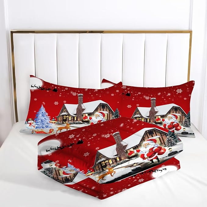 kxry Merry Christmas Bedding Set Santa Claus Deer Christmas Tree Snowman Comforter Quilt Twin Size for Girls Boys Kids 1 Comforter + 1 Pillow Case
