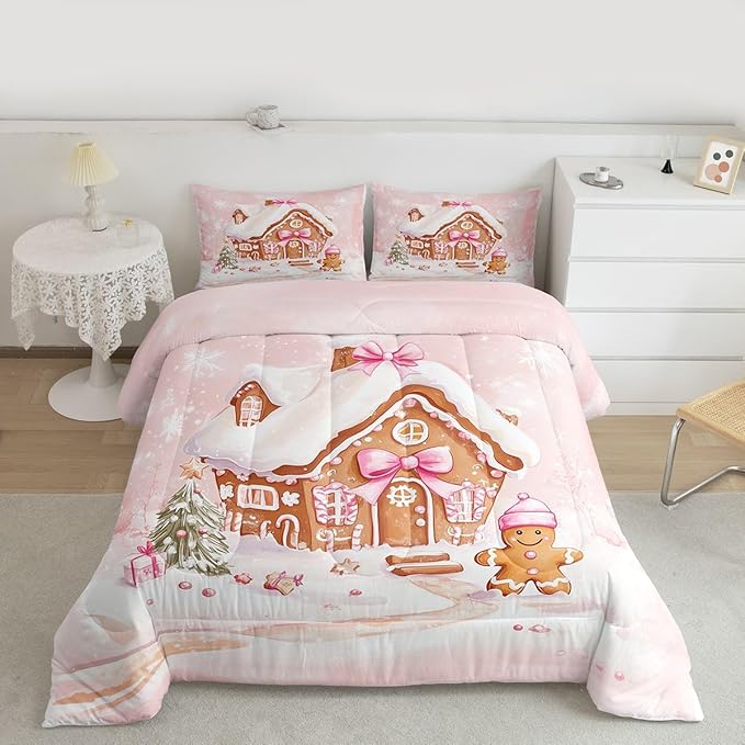 Feelyou Gingerbread House Kids Comforter Set Queen Size Gingerbread Man Bedding Set Christmas Tree Duvet Quilt for Kids Boys Girls Bedroom Pink Bow Decor Snowflake Microfiber Ultra Soft Breathable