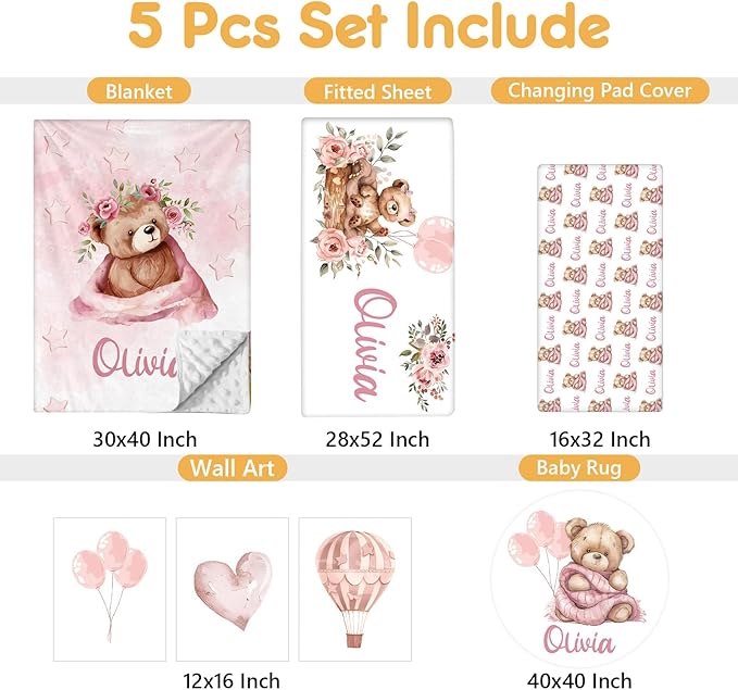 Custom Baby Crib Bedding Set, 5 Pcs Personalized Name Baby Crib Sets for Infant Toddler, Pink Bear Nursery Bedding Set for Girls Boys, Double Layer Flannel Baby Bedding Sets Customized Gifts