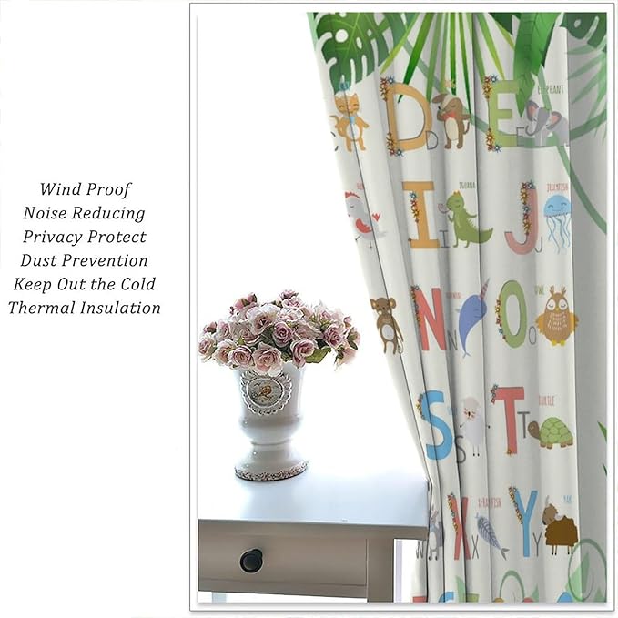 Kids Animal Alphabet Curtain Tropical Plant Alphabet Educational Printed Rod Pocket Blackout Window Drapes for Bedroom Living Room Nursery School 63" W X 63" L