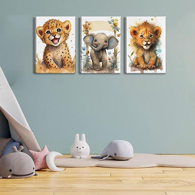 HKMXCD 3Pcs Baby Safari Animal Canvas Wall Art Jungle Watercolor Animal Wall Decor Picture Lovely Painting Artwork Kids Room Prints for Boy Girl Room Home decoration 16x24in